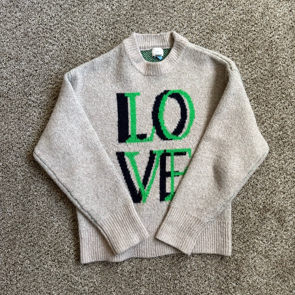 a new day Beige Sweater with Green and Black LOVE Intarsia